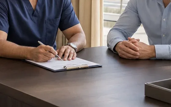 Clinician writing assessment notes on a clipboard during a consultation