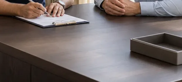 Consultation desk with a clipboard and pen between a clinician and a patient