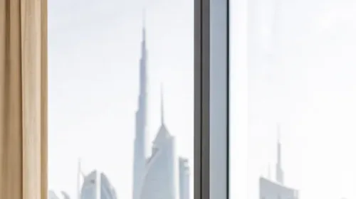 Dubai skyline seen through a clinic window
