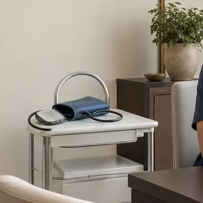 Blood-pressure monitor on a trolley in a quiet consulting room