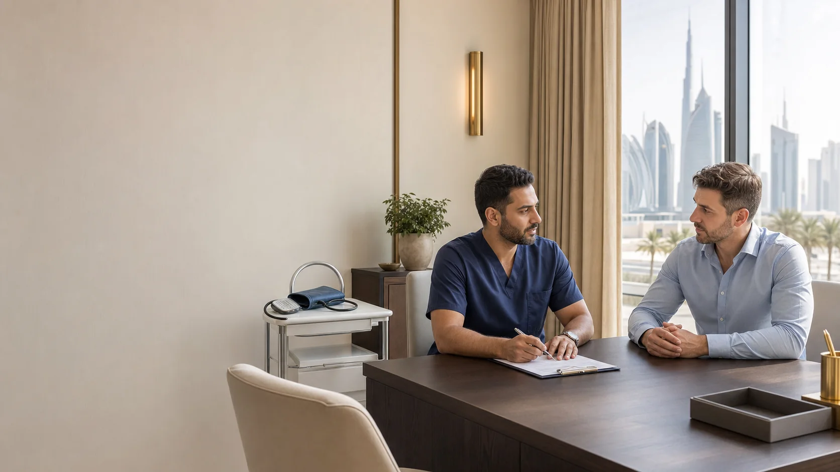 Adult man discussing erectile health privately with a clinician in an unbranded Dubai clinic