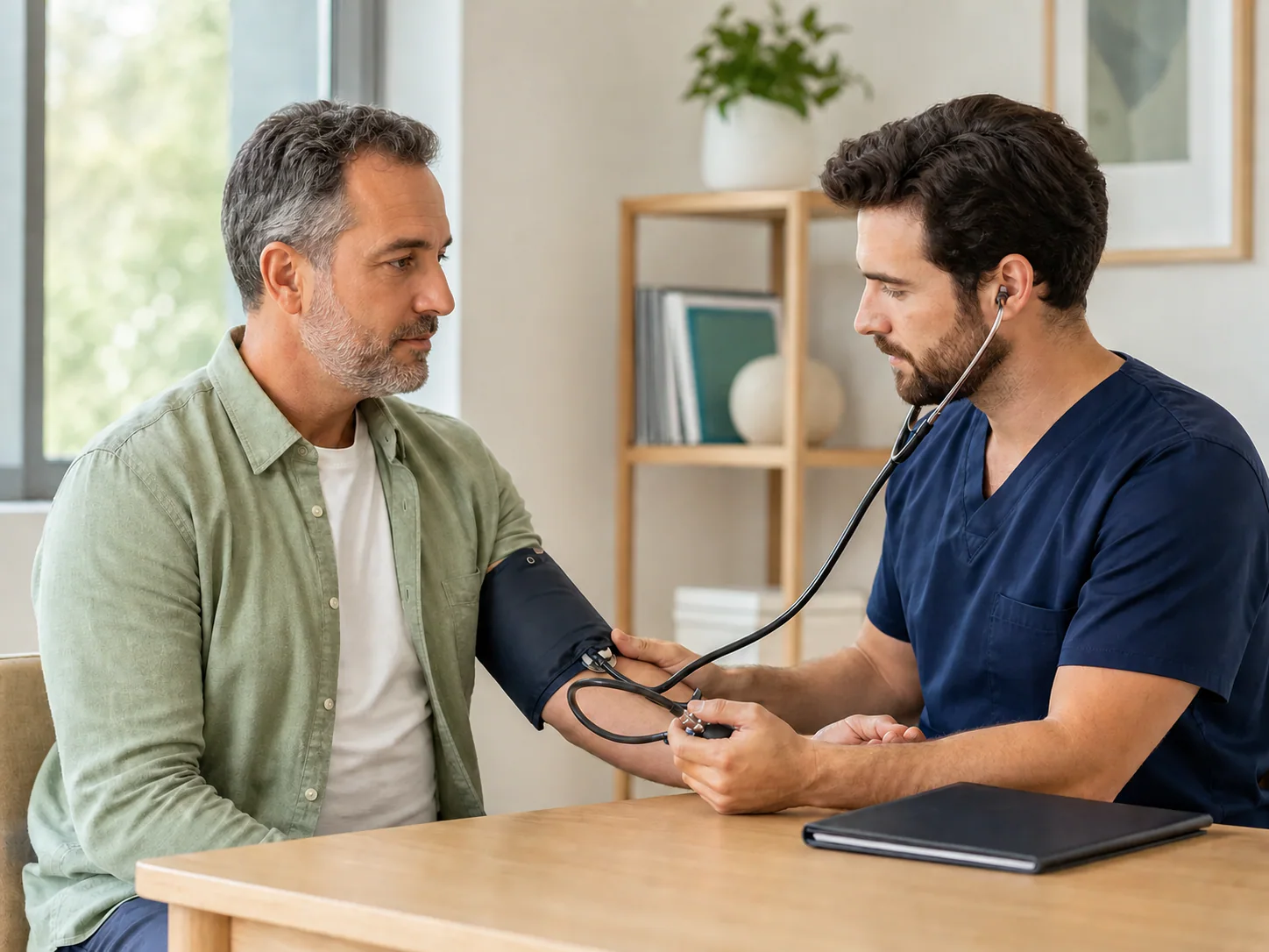 Clinician measuring an adult man's blood pressure during a health assessment