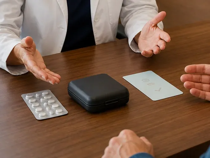 Prescription tablet pack and a pill case on a consultation desk