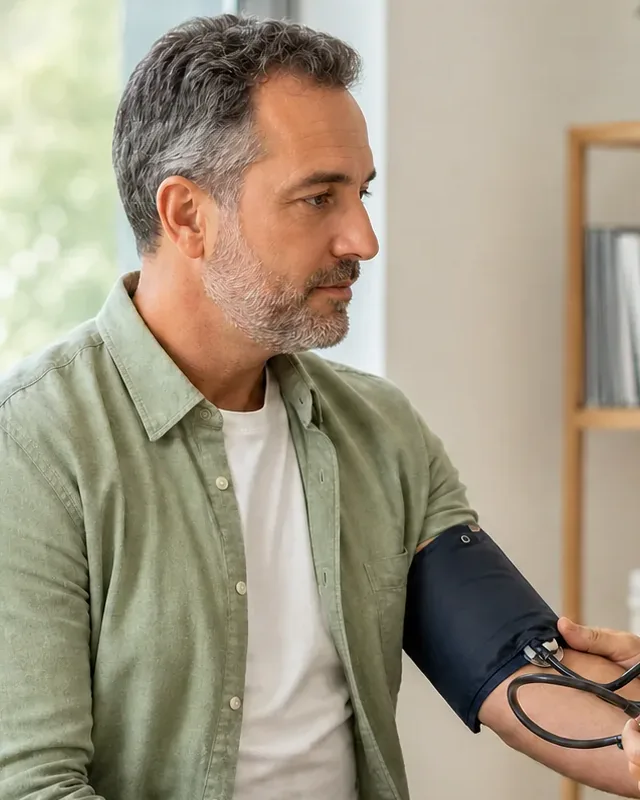 Adult man having his blood pressure taken during a health assessment