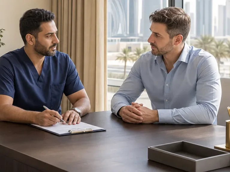Adult man and a clinician talking across a consultation desk