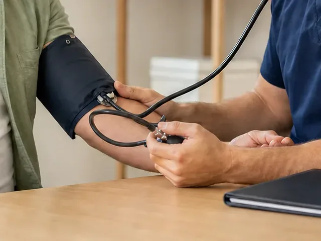 Blood-pressure cuff and stethoscope used during a routine health check