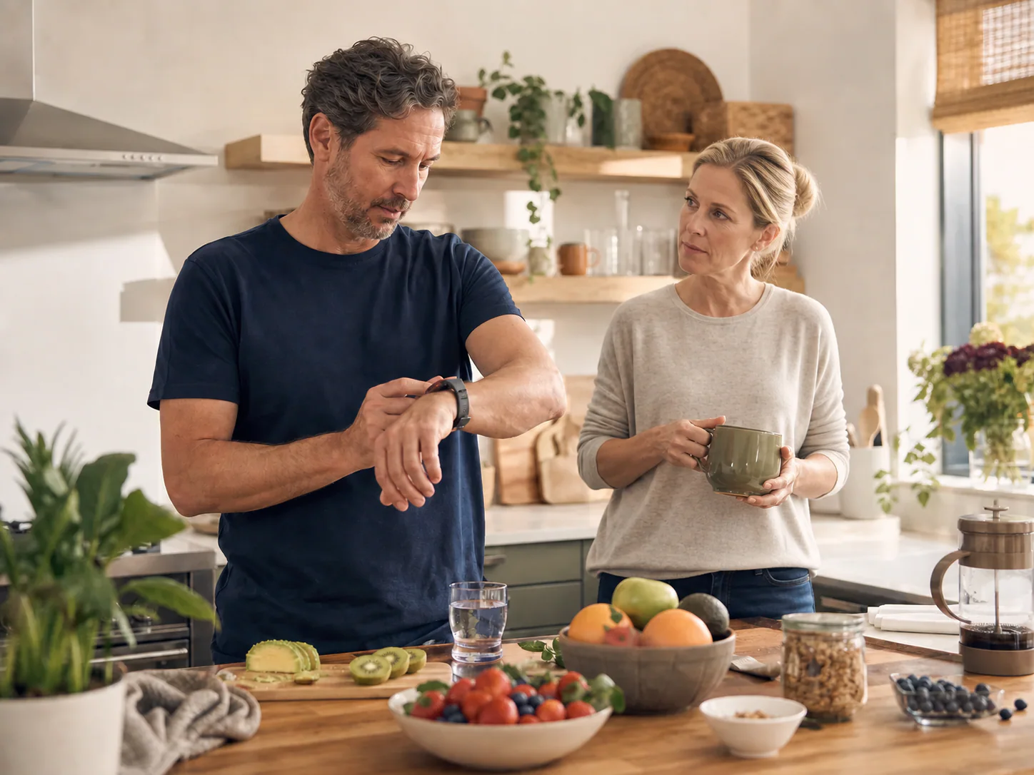 Adult couple sharing a healthy morning routine at home